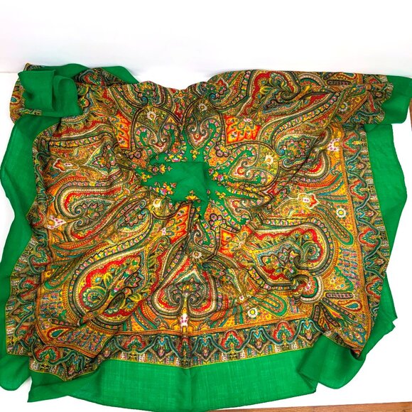 Vintage 80's Square 100% Wool Green Scarf Shawl Intricate Paisley Design. - Picture 3 of 16